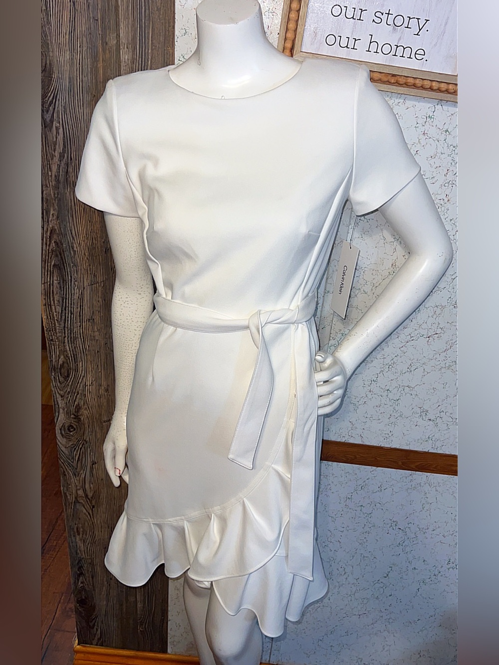 Calvin Klein White Ivory Wrap Ruffle Dress Size 2 NWT